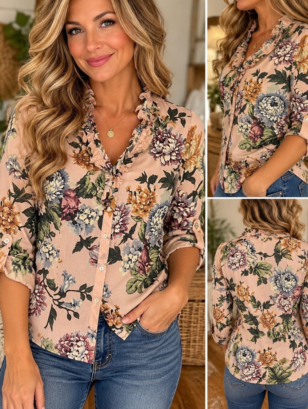 Zara Floral Button-Down Blouse in Blush and Green Medium